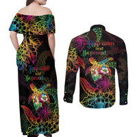 Hawaii Pride Couples Matching Off Shoulder Maxi Dress and Long Sleeve Button Shirt Aloha Is Aloha