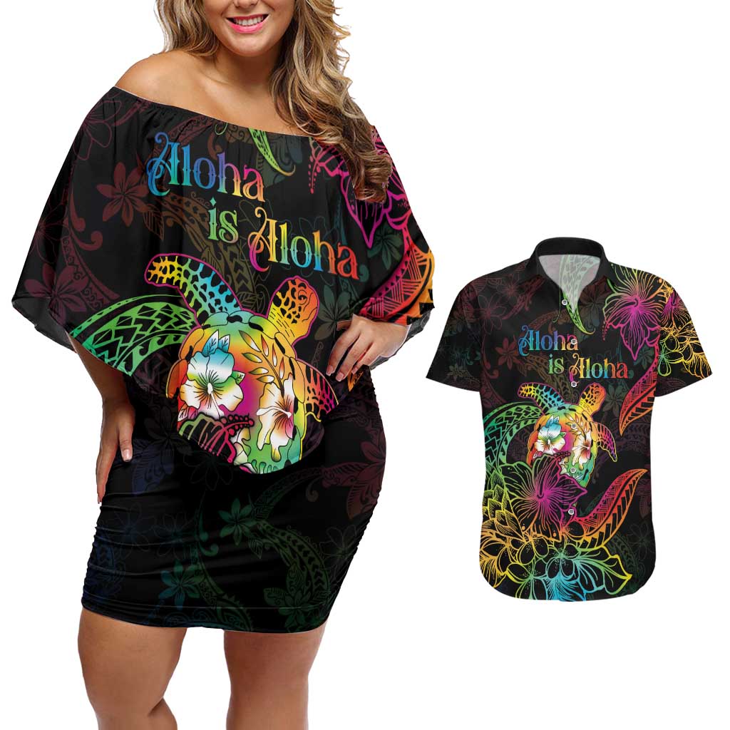 Hawaii Pride Couples Matching Off Shoulder Short Dress and Hawaiian Shirt Aloha Is Aloha