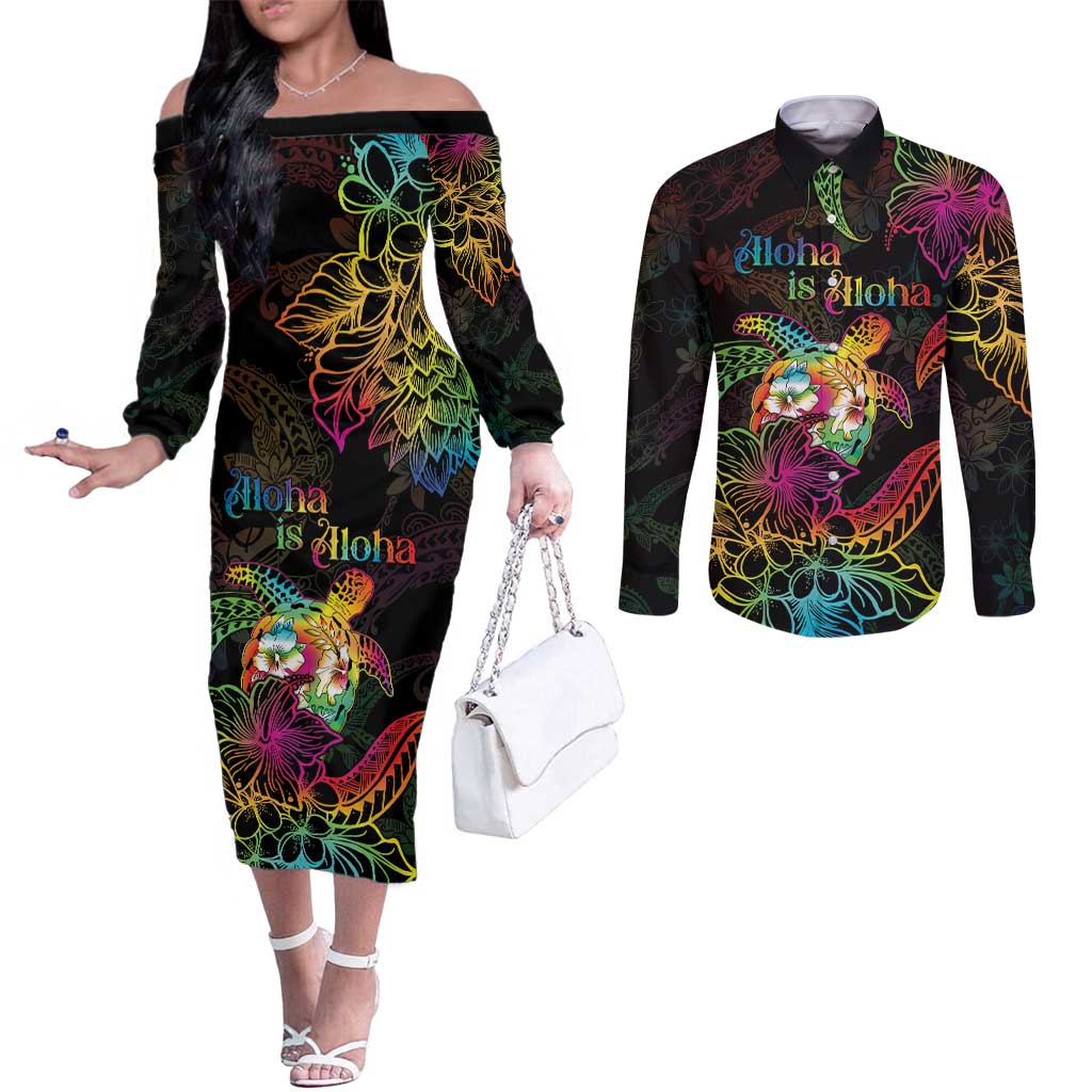 Hawaii Pride Couples Matching Off The Shoulder Long Sleeve Dress and Long Sleeve Button Shirt Aloha Is Aloha