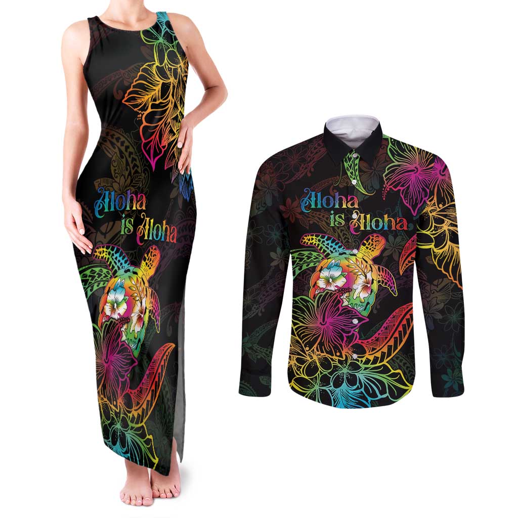 Hawaii Pride Couples Matching Tank Maxi Dress and Long Sleeve Button Shirt Aloha Is Aloha
