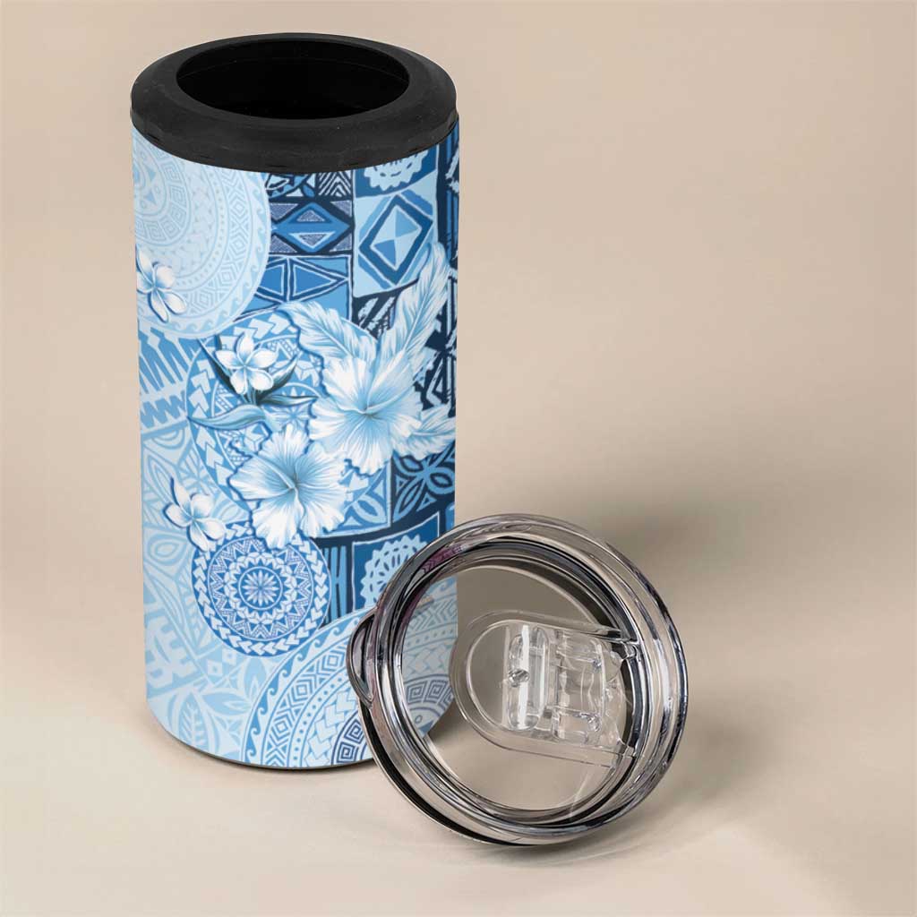 Hawaii Tapa Pattern With Blue Hibiscus 4 in 1 Can Cooler Tumbler