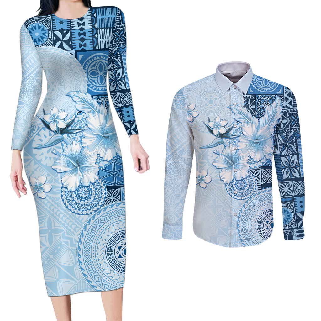 Hawaii Tapa Pattern With Blue Hibiscus Couples Matching Long Sleeve Bodycon Dress and Long Sleeve Button Shirt