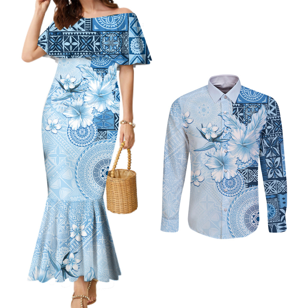 Hawaii Tapa Pattern With Blue Hibiscus Couples Matching Mermaid Dress and Long Sleeve Button Shirt