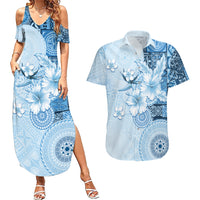 Hawaii Tapa Pattern With Blue Hibiscus Couples Matching Summer Maxi Dress and Hawaiian Shirt