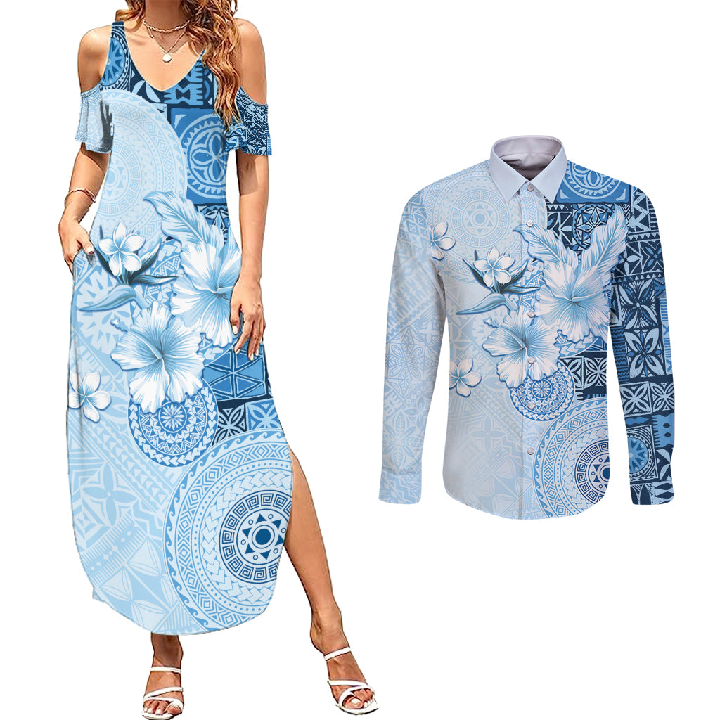 Hawaii Tapa Pattern With Blue Hibiscus Couples Matching Summer Maxi Dress and Long Sleeve Button Shirt