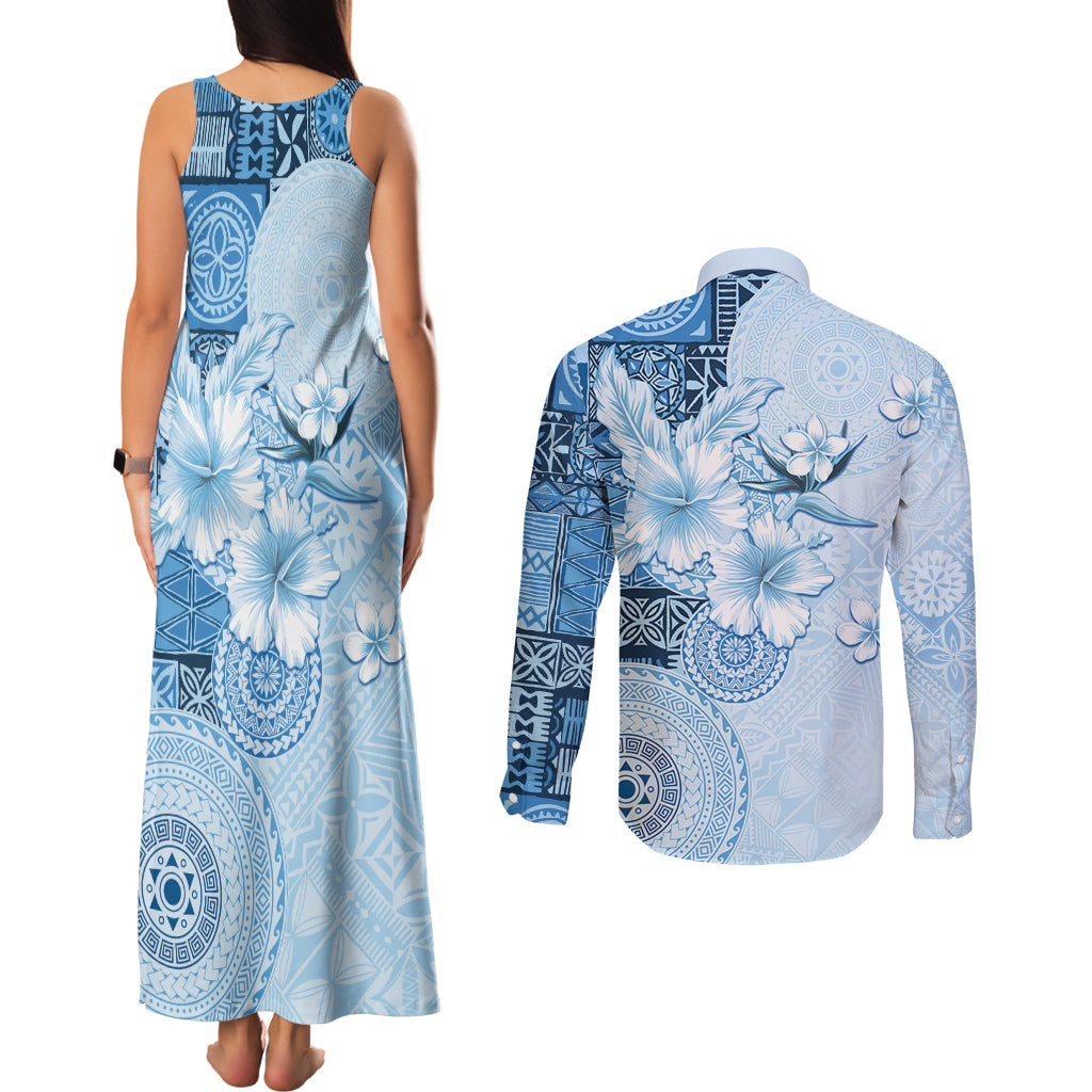 Hawaii Tapa Pattern With Blue Hibiscus Couples Matching Tank Maxi Dress and Long Sleeve Button Shirt