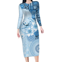 Hawaii Tapa Pattern With Blue Hibiscus Family Matching Long Sleeve Bodycon Dress and Hawaiian Shirt