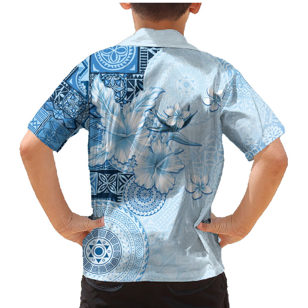 Hawaii Tapa Pattern With Blue Hibiscus Family Matching Mermaid Dress and Hawaiian Shirt