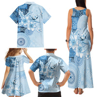 Hawaii Tapa Pattern With Blue Hibiscus Family Matching Tank Maxi Dress and Hawaiian Shirt
