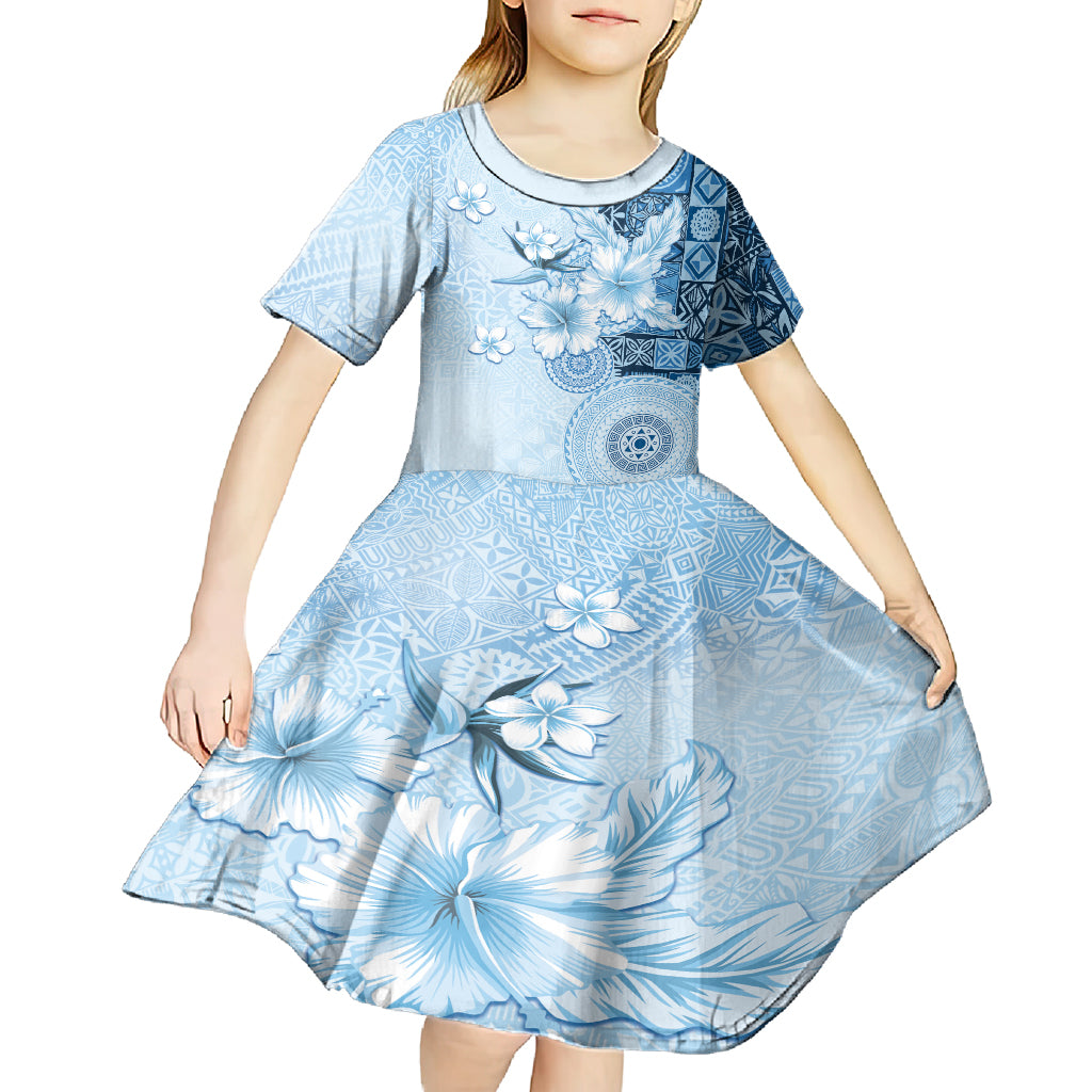 Hawaii Tapa Pattern With Blue Hibiscus Kid Short Sleeve Dress