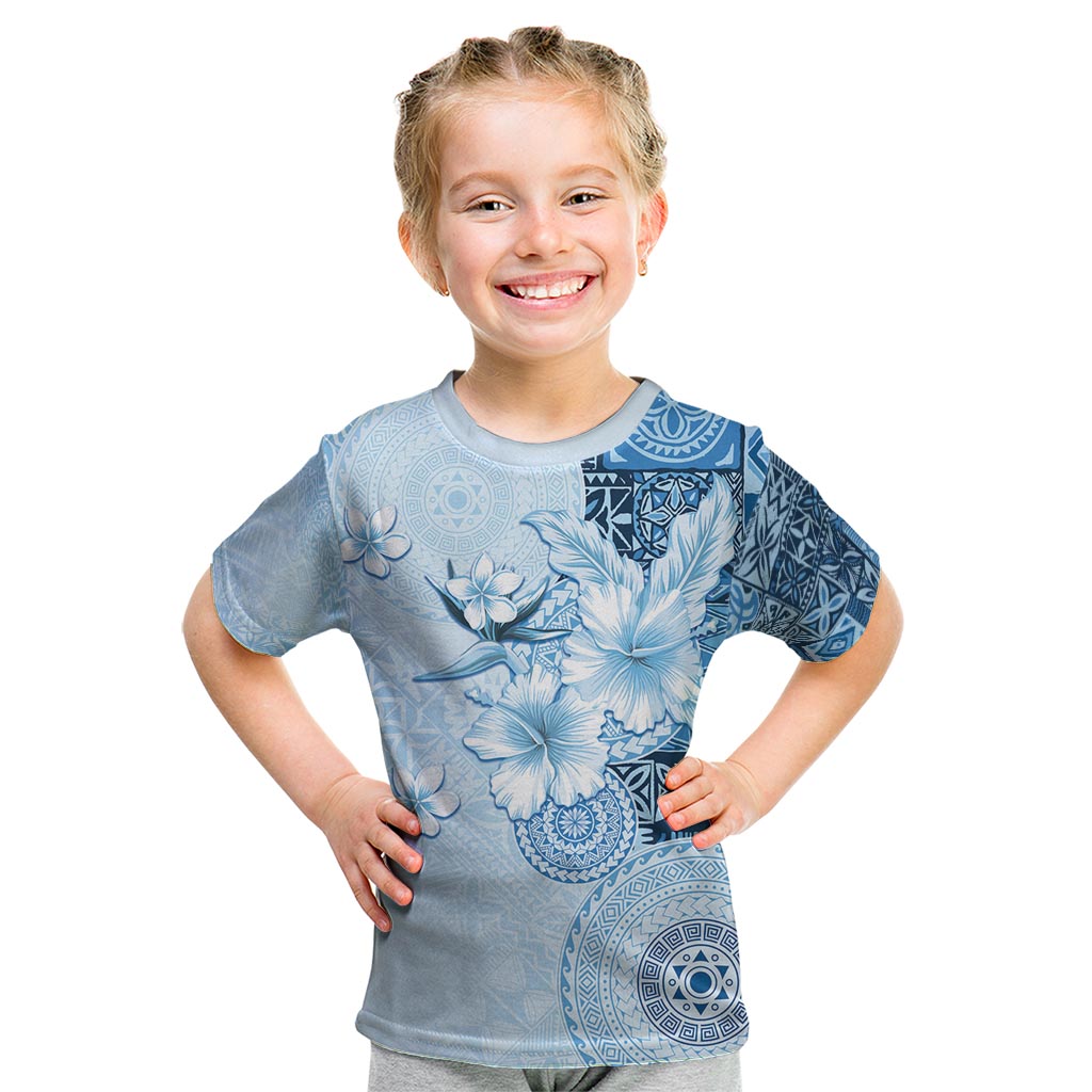 Hawaii Tapa Pattern With Blue Hibiscus Kid T Shirt LT05 Blue - Polynesian Pride