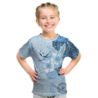 Hawaii Tapa Pattern With Blue Hibiscus Kid T Shirt LT05 Blue - Polynesian Pride