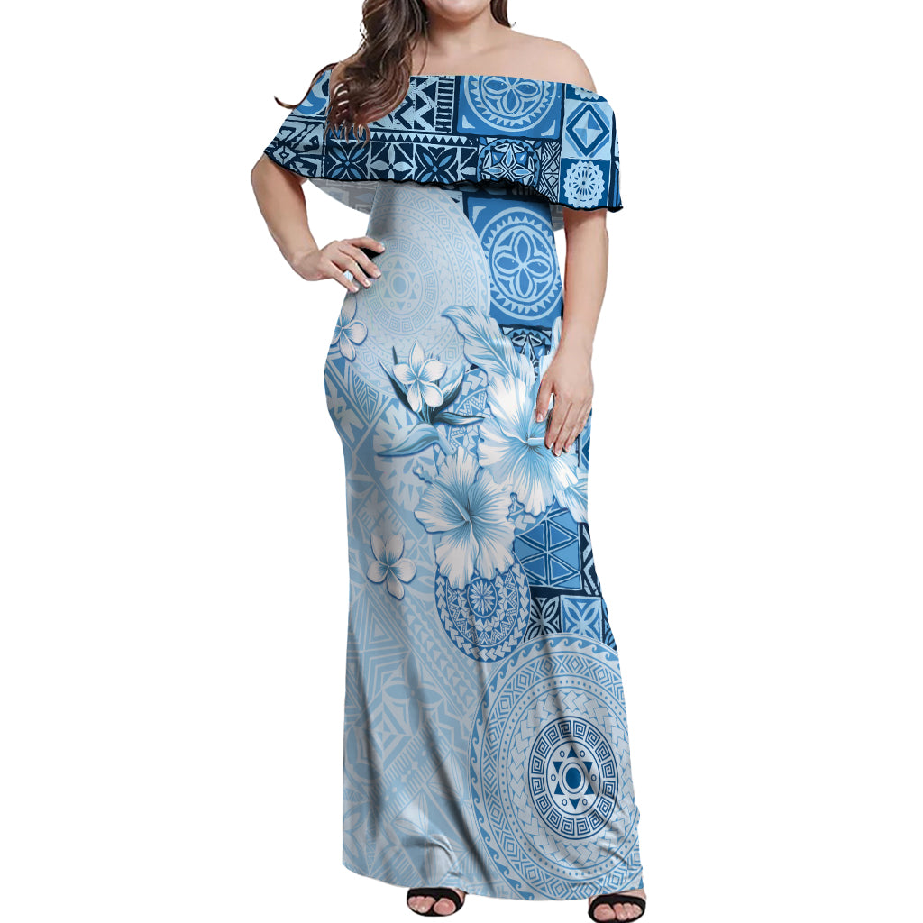 Hawaii Tapa Pattern With Blue Hibiscus Off Shoulder Maxi Dress