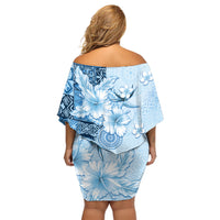 Hawaii Tapa Pattern With Blue Hibiscus Off Shoulder Short Dress