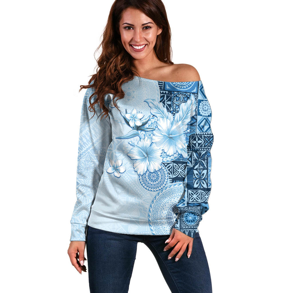 Hawaii Tapa Pattern With Blue Hibiscus Off Shoulder Sweater