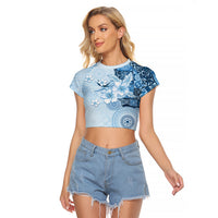 Hawaii Tapa Pattern With Blue Hibiscus Raglan Cropped T Shirt LT05 Female Blue - Polynesian Pride