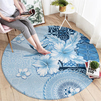 Hawaii Tapa Pattern With Blue Hibiscus Round Carpet