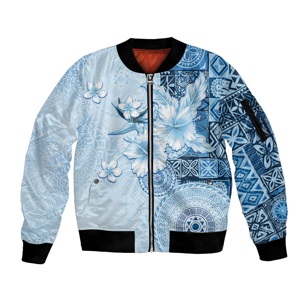 Hawaii Tapa Pattern With Blue Hibiscus Sleeve Zip Bomber Jacket