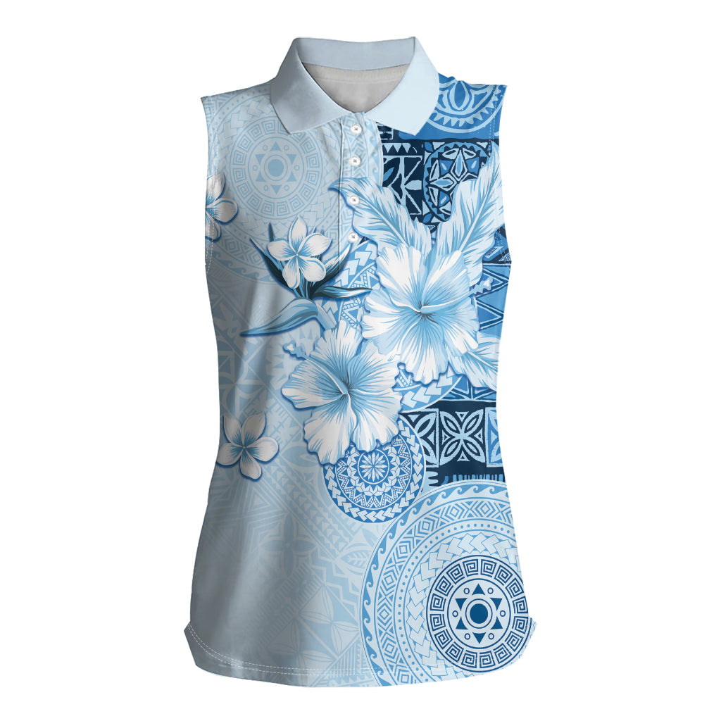 Hawaii Tapa Pattern With Blue Hibiscus Women Sleeveless Polo Shirt LT05 Female Blue - Polynesian Pride