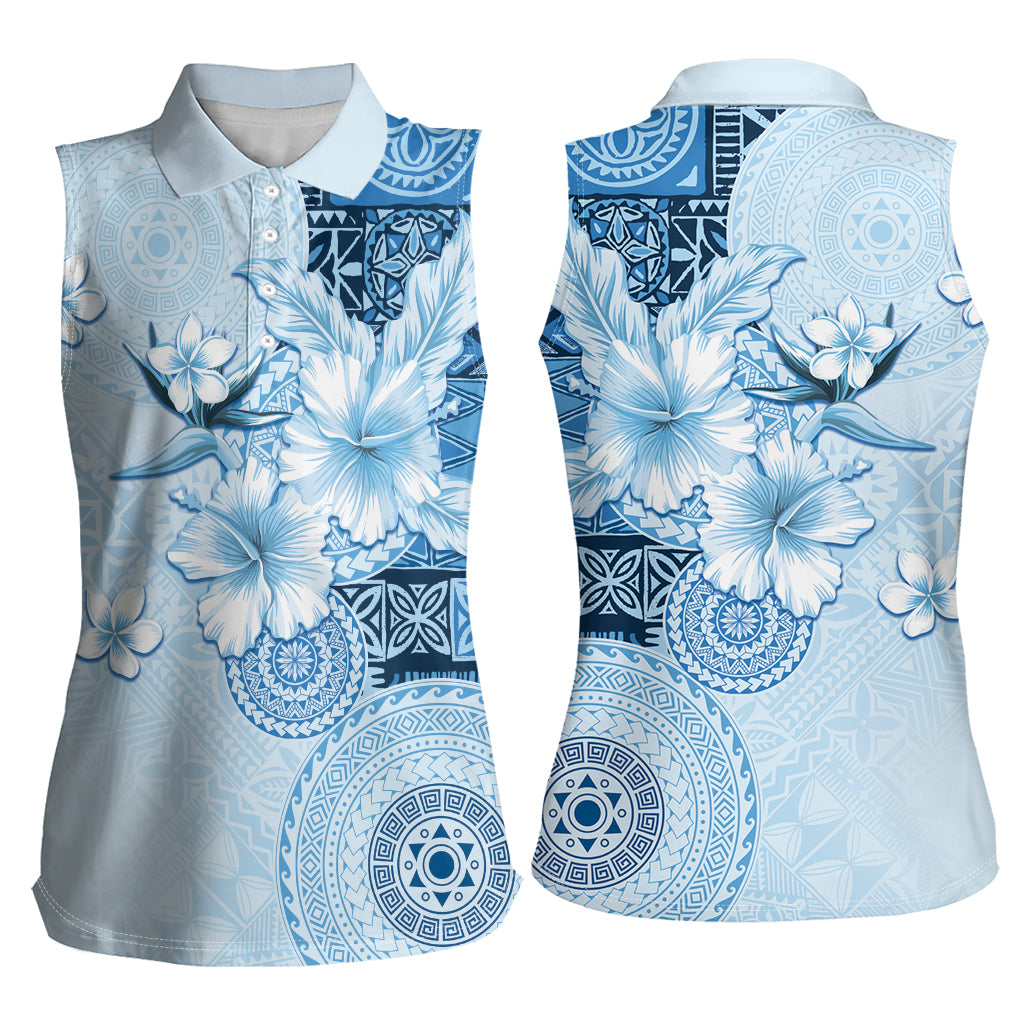 Hawaii Tapa Pattern With Blue Hibiscus Women Sleeveless Polo Shirt LT05 - Polynesian Pride