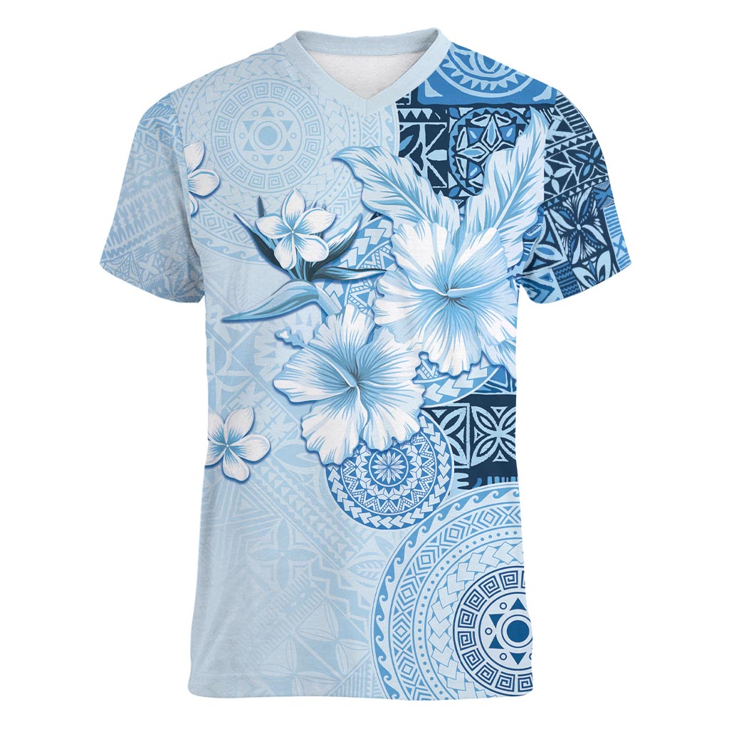 Hawaii Tapa Pattern With Blue Hibiscus Women V-Neck T-Shirt LT05 Female Blue - Polynesian Pride