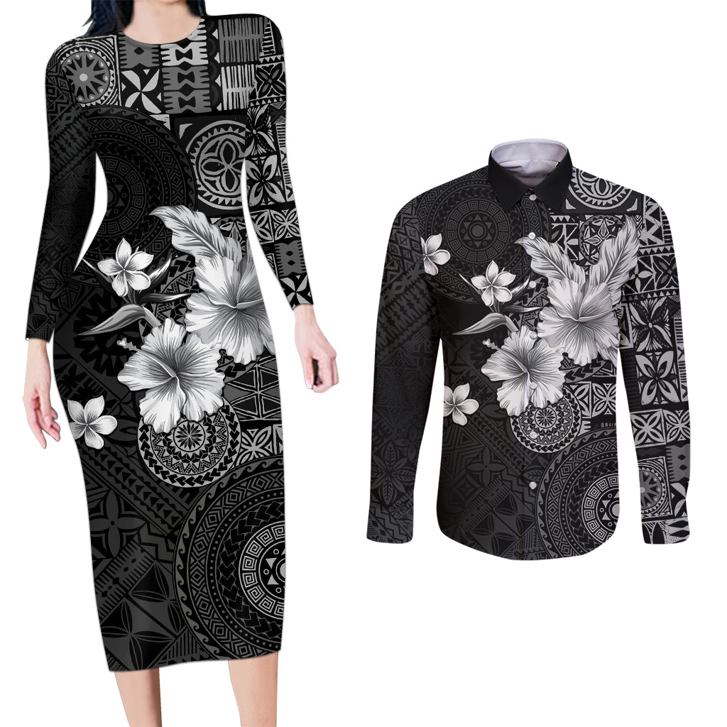 Hawaii Tapa Pattern With Black Hibiscus Couples Matching Long Sleeve Bodycon Dress and Long Sleeve Button Shirt