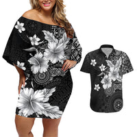 Hawaii Tapa Pattern With Black Hibiscus Couples Matching Off Shoulder Short Dress and Hawaiian Shirt