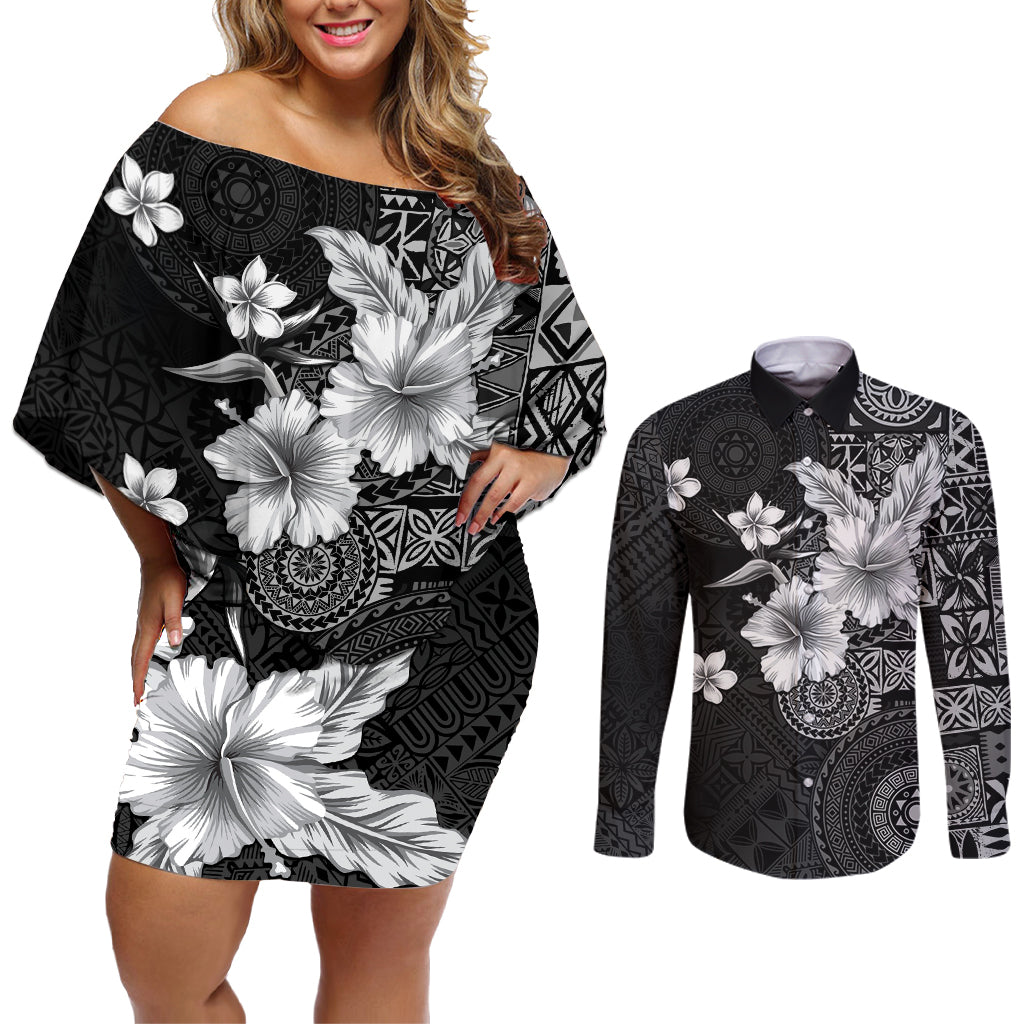 Hawaii Tapa Pattern With Black Hibiscus Couples Matching Off Shoulder Short Dress and Long Sleeve Button Shirt