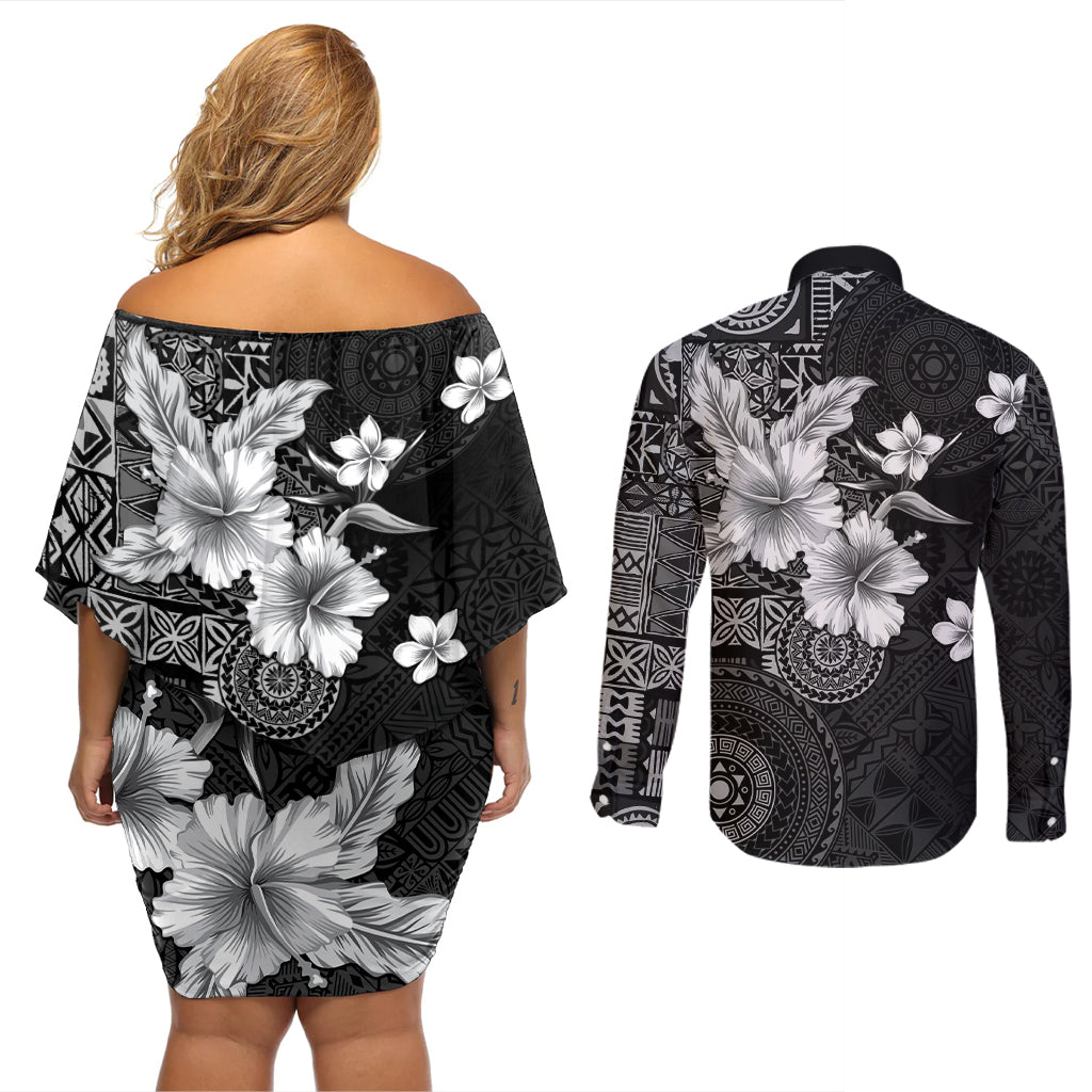 Hawaii Tapa Pattern With Black Hibiscus Couples Matching Off Shoulder Short Dress and Long Sleeve Button Shirt