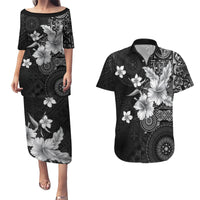 Hawaii Tapa Pattern With Black Hibiscus Couples Matching Puletasi and Hawaiian Shirt