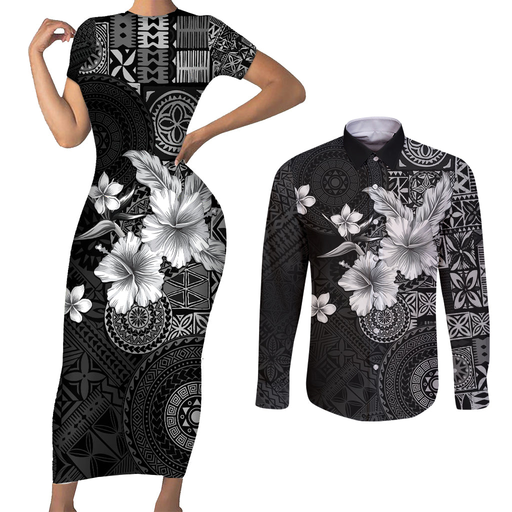 Hawaii Tapa Pattern With Black Hibiscus Couples Matching Short Sleeve Bodycon Dress and Long Sleeve Button Shirt