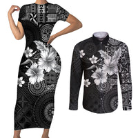 Hawaii Tapa Pattern With Black Hibiscus Couples Matching Short Sleeve Bodycon Dress and Long Sleeve Button Shirt