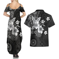 Hawaii Tapa Pattern With Black Hibiscus Couples Matching Summer Maxi Dress and Hawaiian Shirt