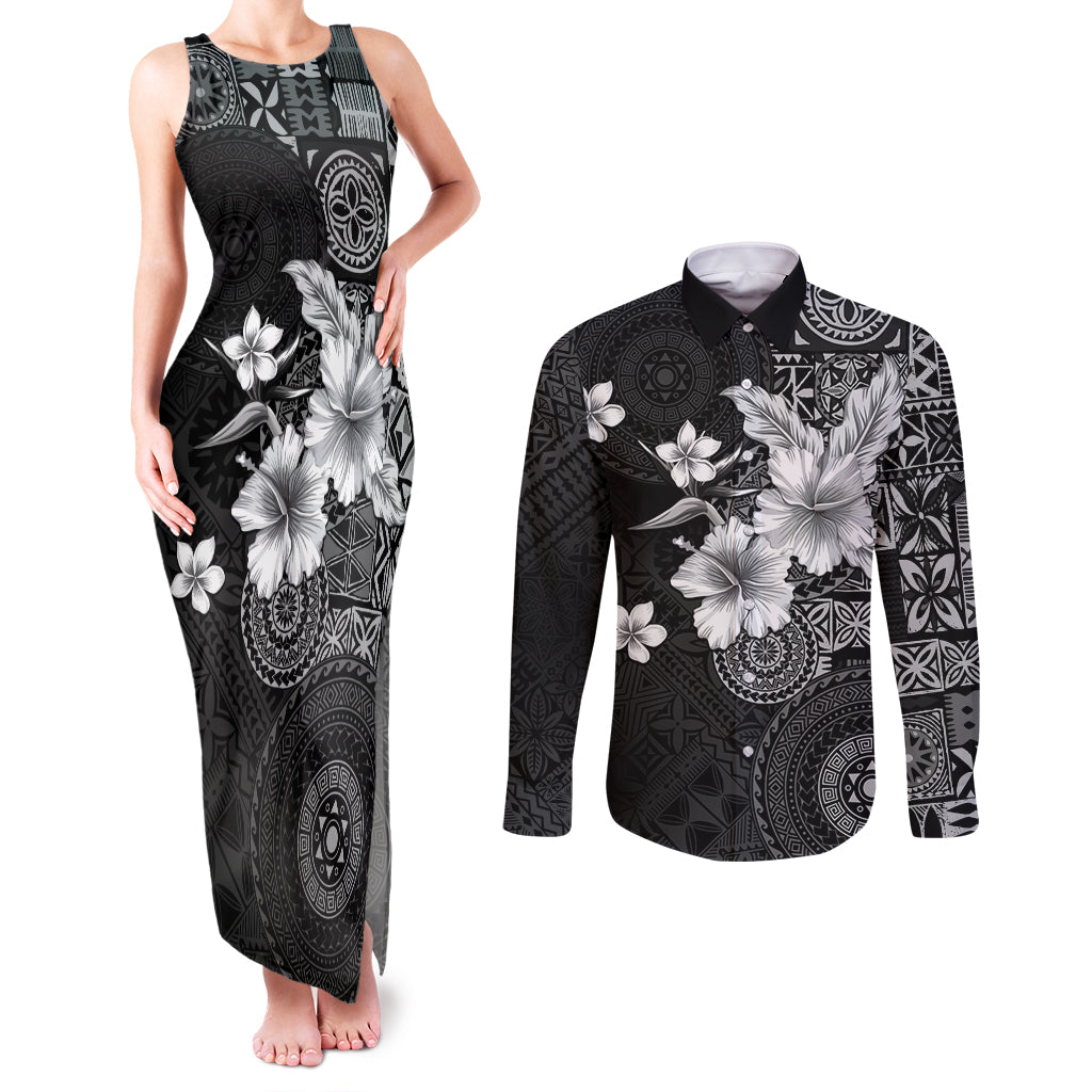 Hawaii Tapa Pattern With Black Hibiscus Couples Matching Tank Maxi Dress and Long Sleeve Button Shirt