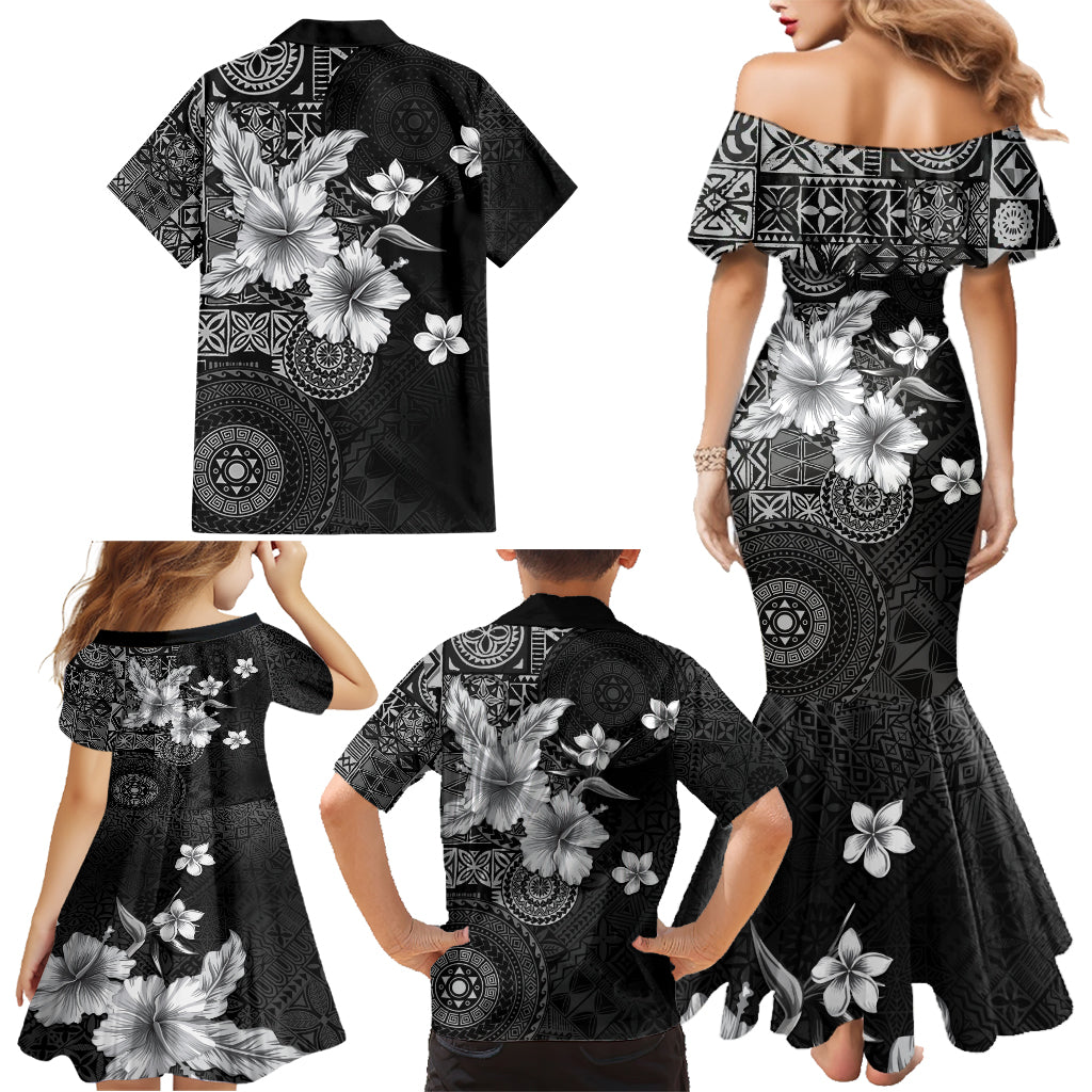 Hawaii Tapa Pattern With Black Hibiscus Family Matching Mermaid Dress and Hawaiian Shirt