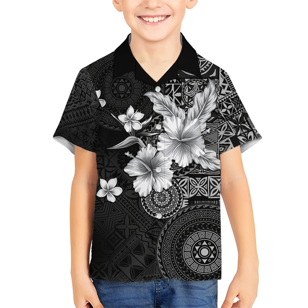 Hawaii Tapa Pattern With Black Hibiscus Kid Hawaiian Shirt LT05 Kid Black - Polynesian Pride