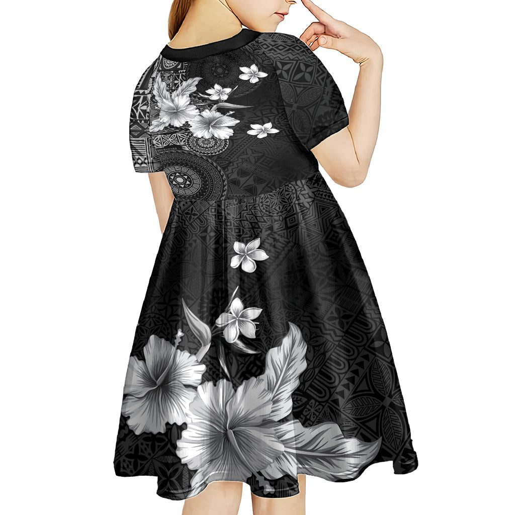 Hawaii Tapa Pattern With Black Hibiscus Kid Short Sleeve Dress