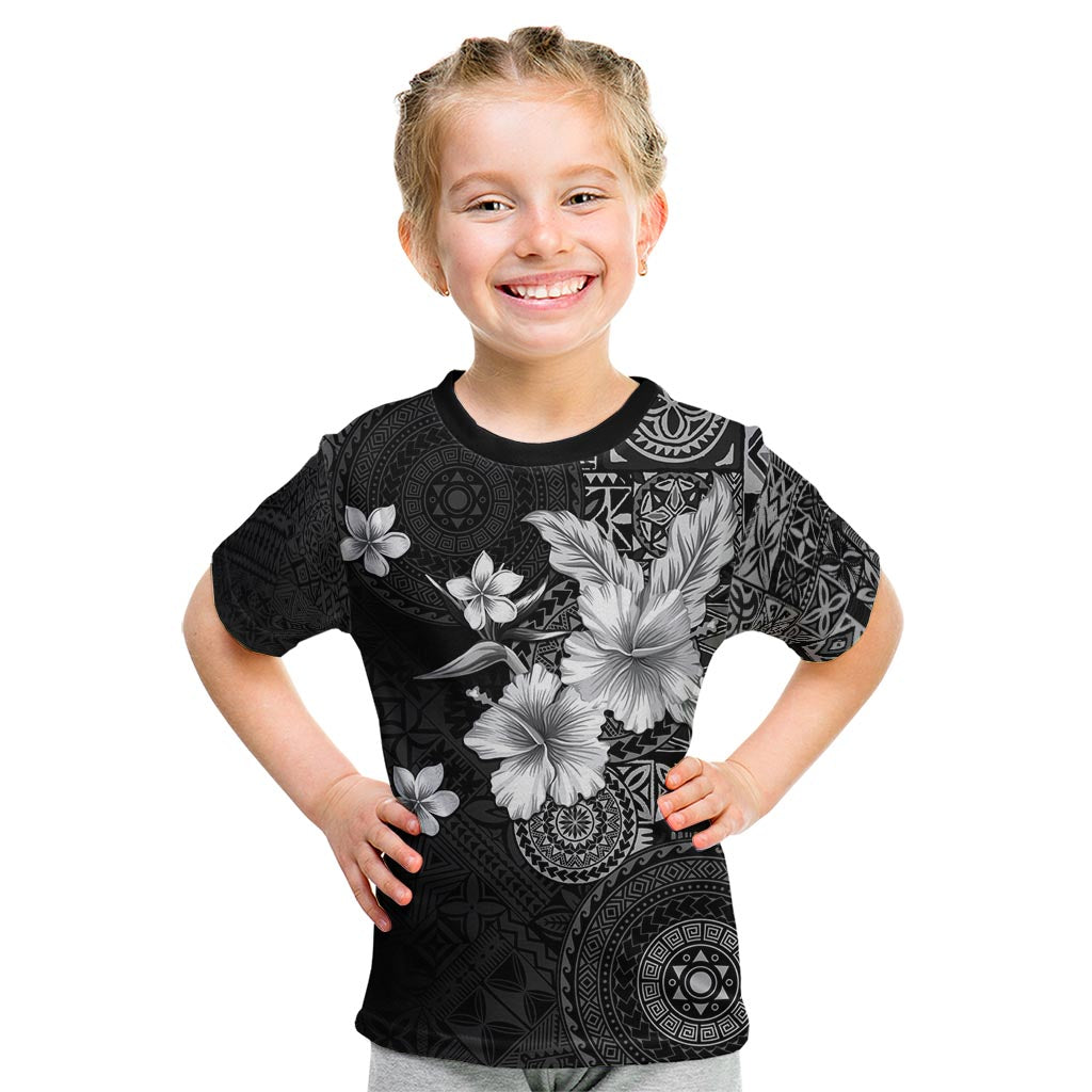 Hawaii Tapa Pattern With Black Hibiscus Kid T Shirt LT05 Black - Polynesian Pride