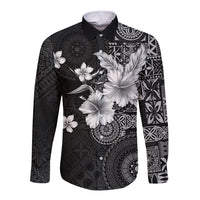 Hawaii Tapa Pattern With Black Hibiscus Long Sleeve Button Shirt