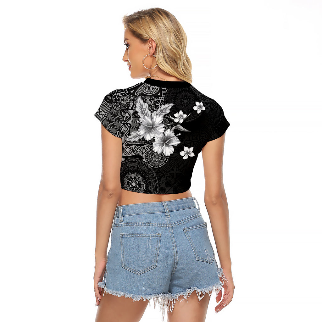 Hawaii Tapa Pattern With Black Hibiscus Raglan Cropped T Shirt LT05 - Polynesian Pride