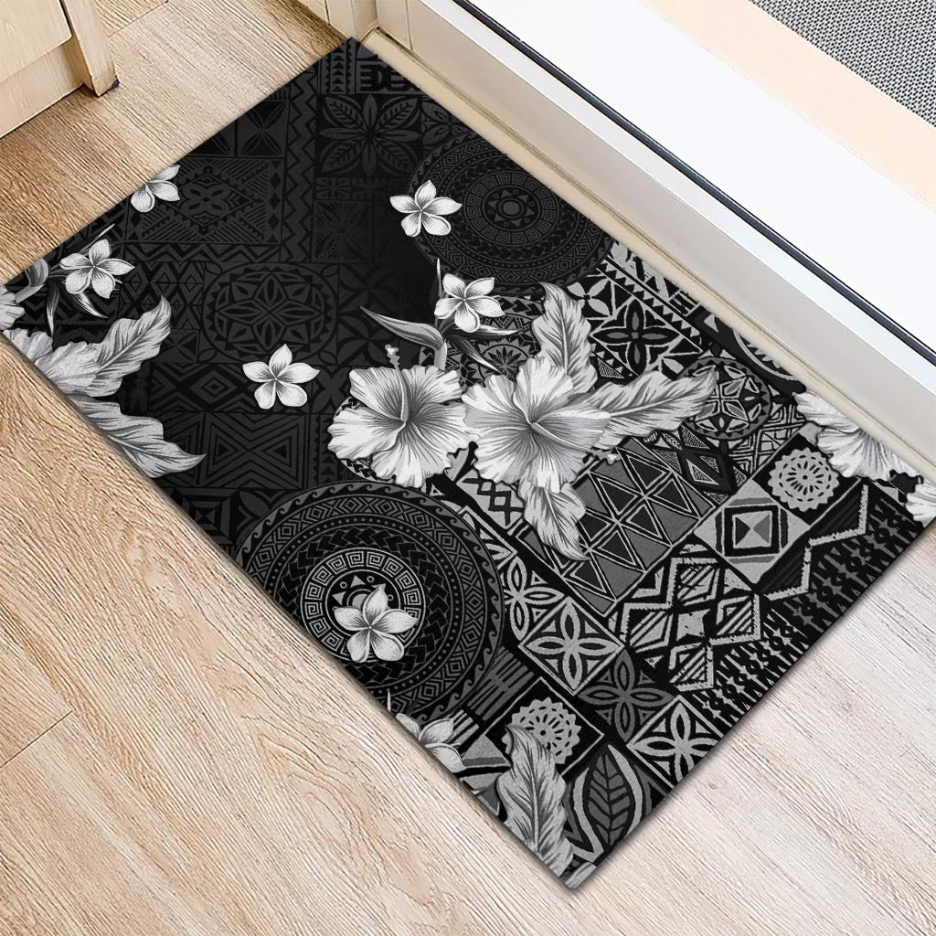 Hawaii Tapa Pattern With Black Hibiscus Rubber Doormat LT05 - Polynesian Pride