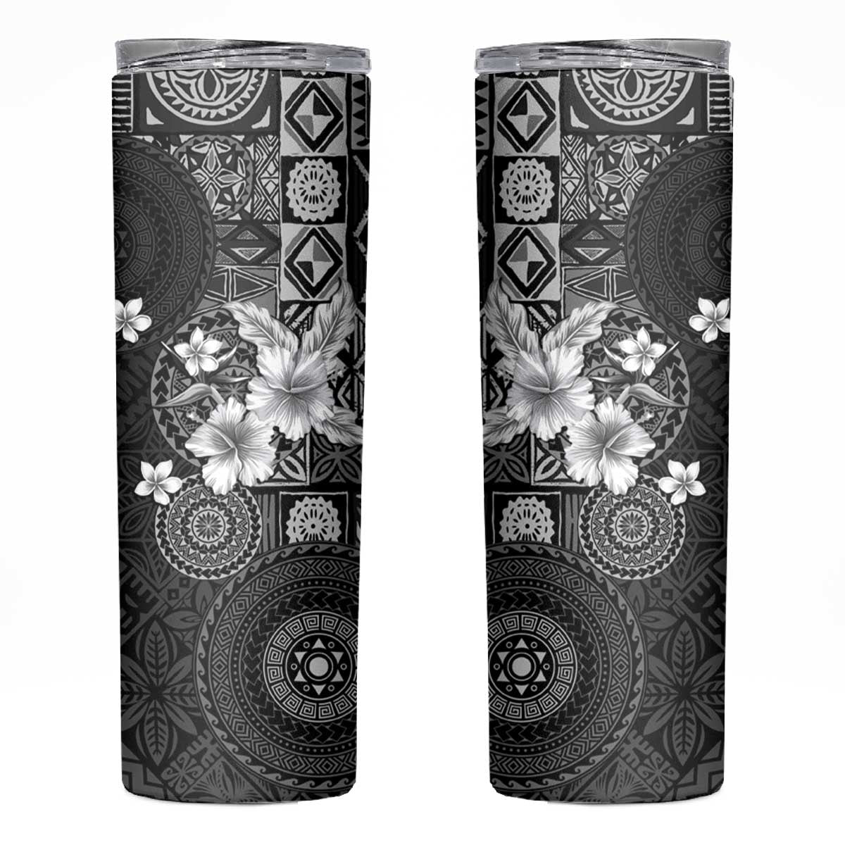 Hawaii Tapa Pattern With Black Hibiscus Skinny Tumbler