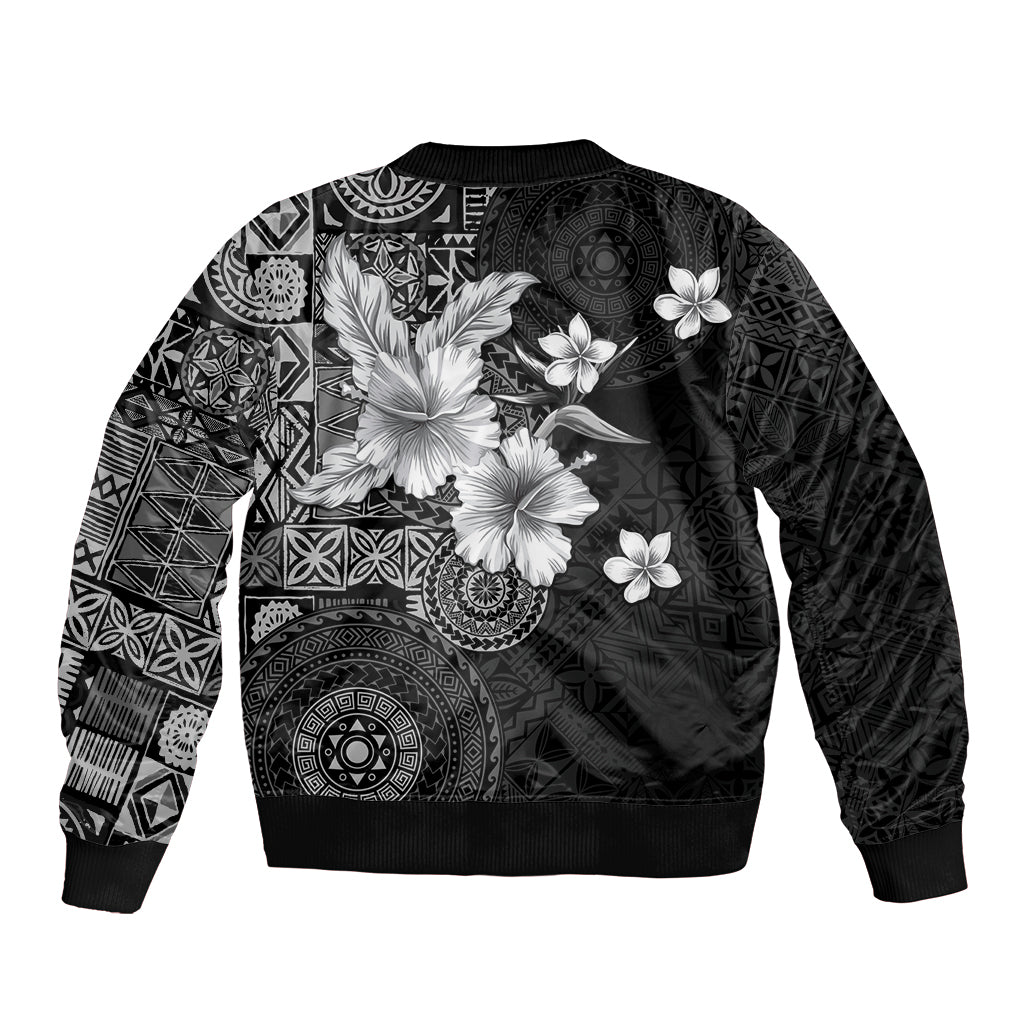 Hawaii Tapa Pattern With Black Hibiscus Sleeve Zip Bomber Jacket