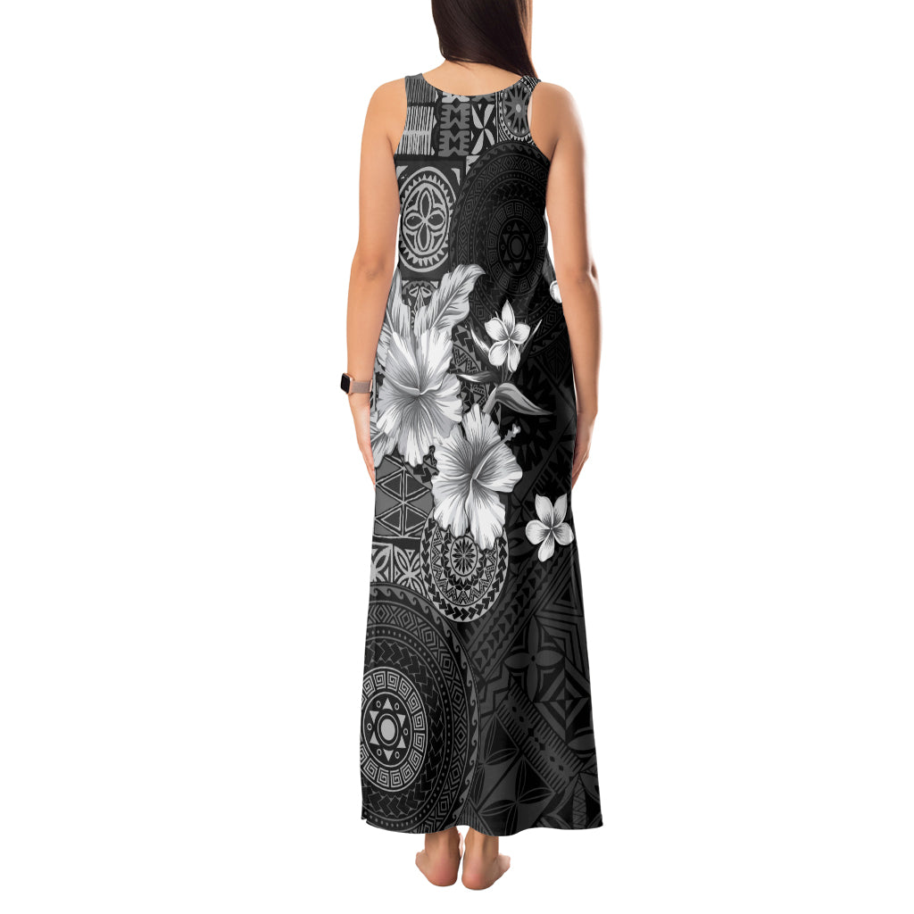 Hawaii Tapa Pattern With Black Hibiscus Tank Maxi Dress