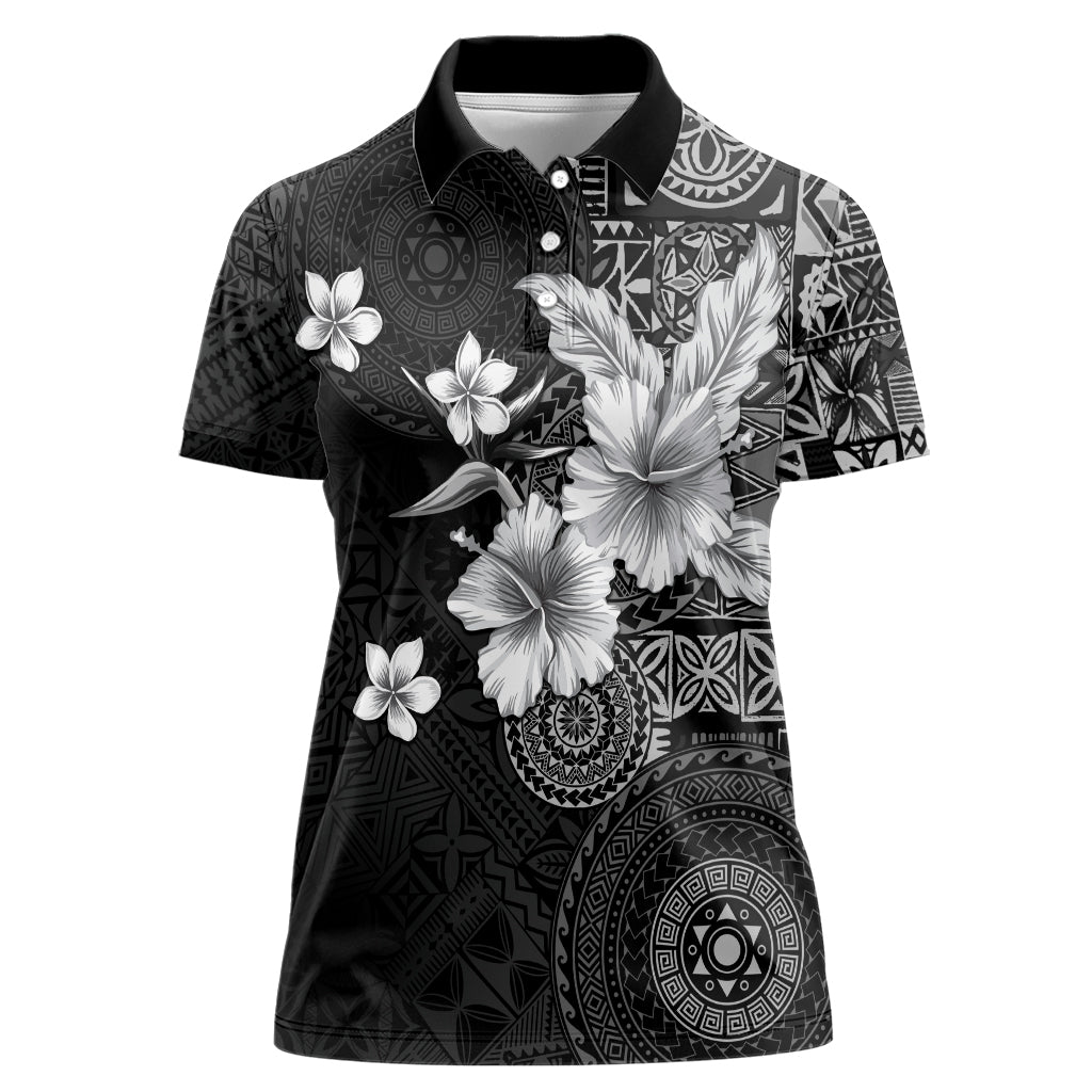 Hawaii Tapa Pattern With Black Hibiscus Women Polo Shirt