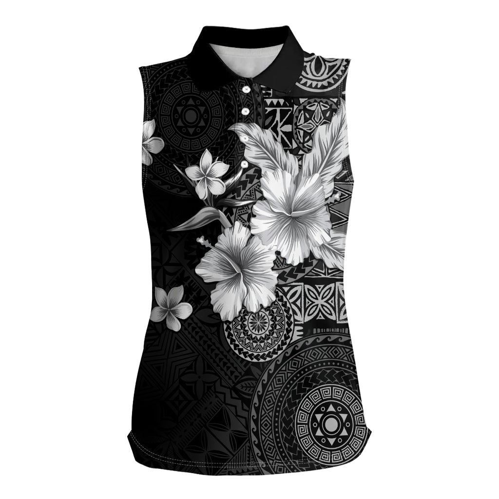 Hawaii Tapa Pattern With Black Hibiscus Women Sleeveless Polo Shirt LT05 Female Black - Polynesian Pride