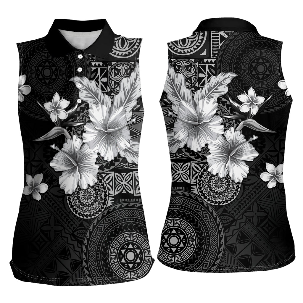 Hawaii Tapa Pattern With Black Hibiscus Women Sleeveless Polo Shirt LT05 - Polynesian Pride