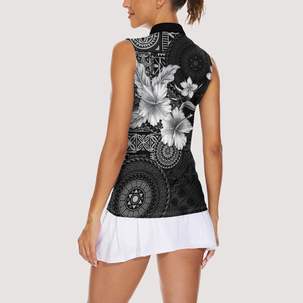 Hawaii Tapa Pattern With Black Hibiscus Women Sleeveless Polo Shirt LT05 - Polynesian Pride