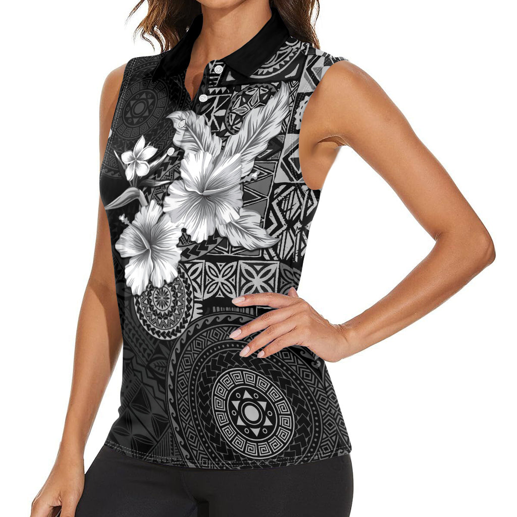 Hawaii Tapa Pattern With Black Hibiscus Women Sleeveless Polo Shirt LT05 - Polynesian Pride