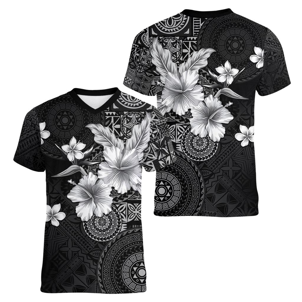 Hawaii Tapa Pattern With Black Hibiscus Women V-Neck T-Shirt LT05 - Polynesian Pride